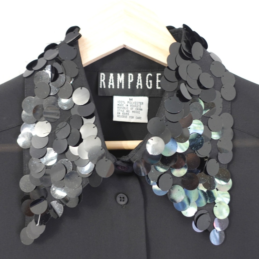 Vtg 90s Rampage Black Sheer Sequin Collar Button Down Blouse Top Retro Glam Med
